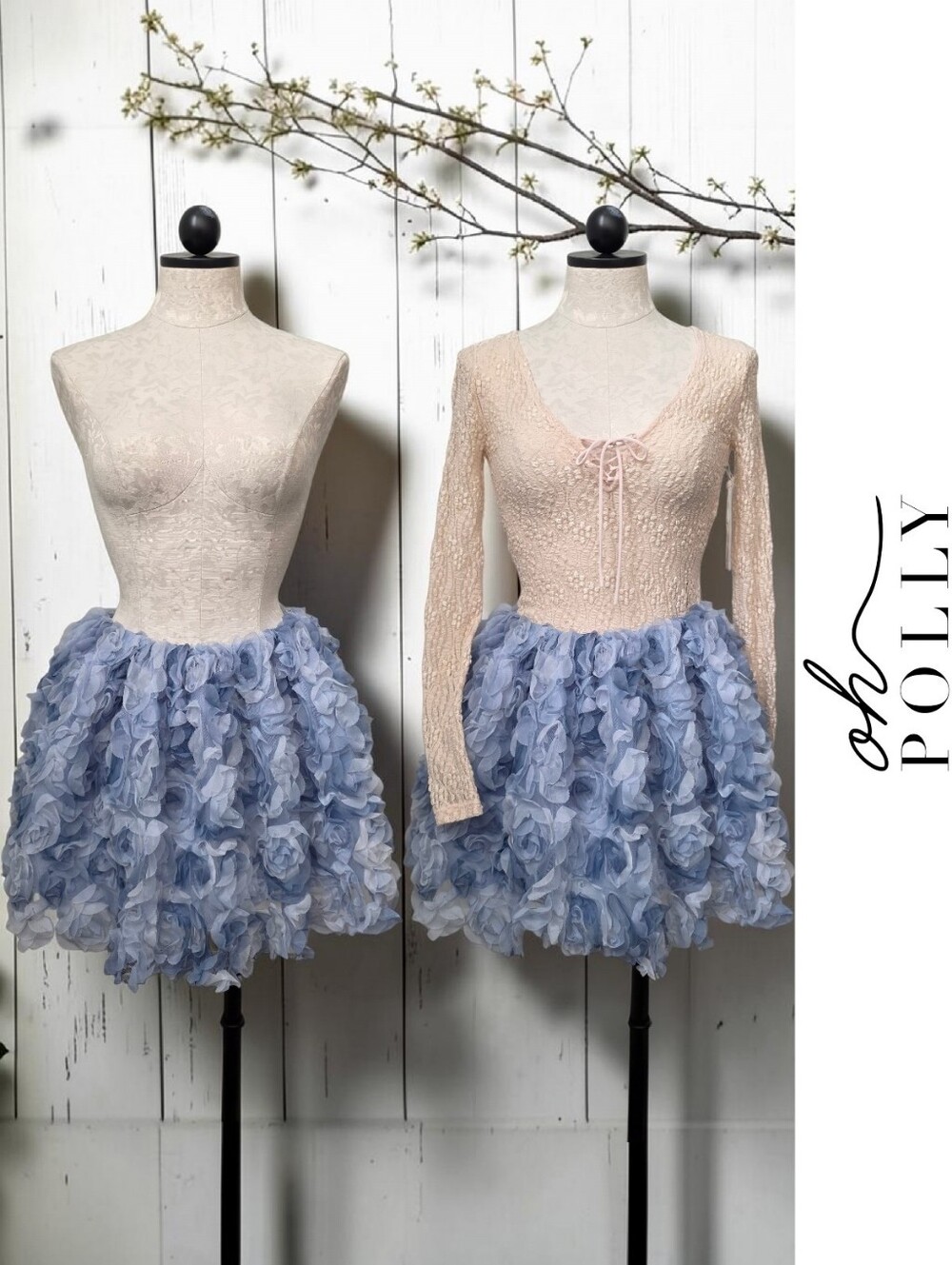 Oh Polly 3D Rosette Floral-Applique Mini Skirt Tulle Chiffon - Dusty Blue
